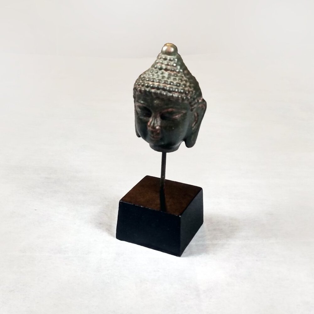 Asian Cast Metal Buddha Head On Stemmed Base-Black/Copper Color Undertones